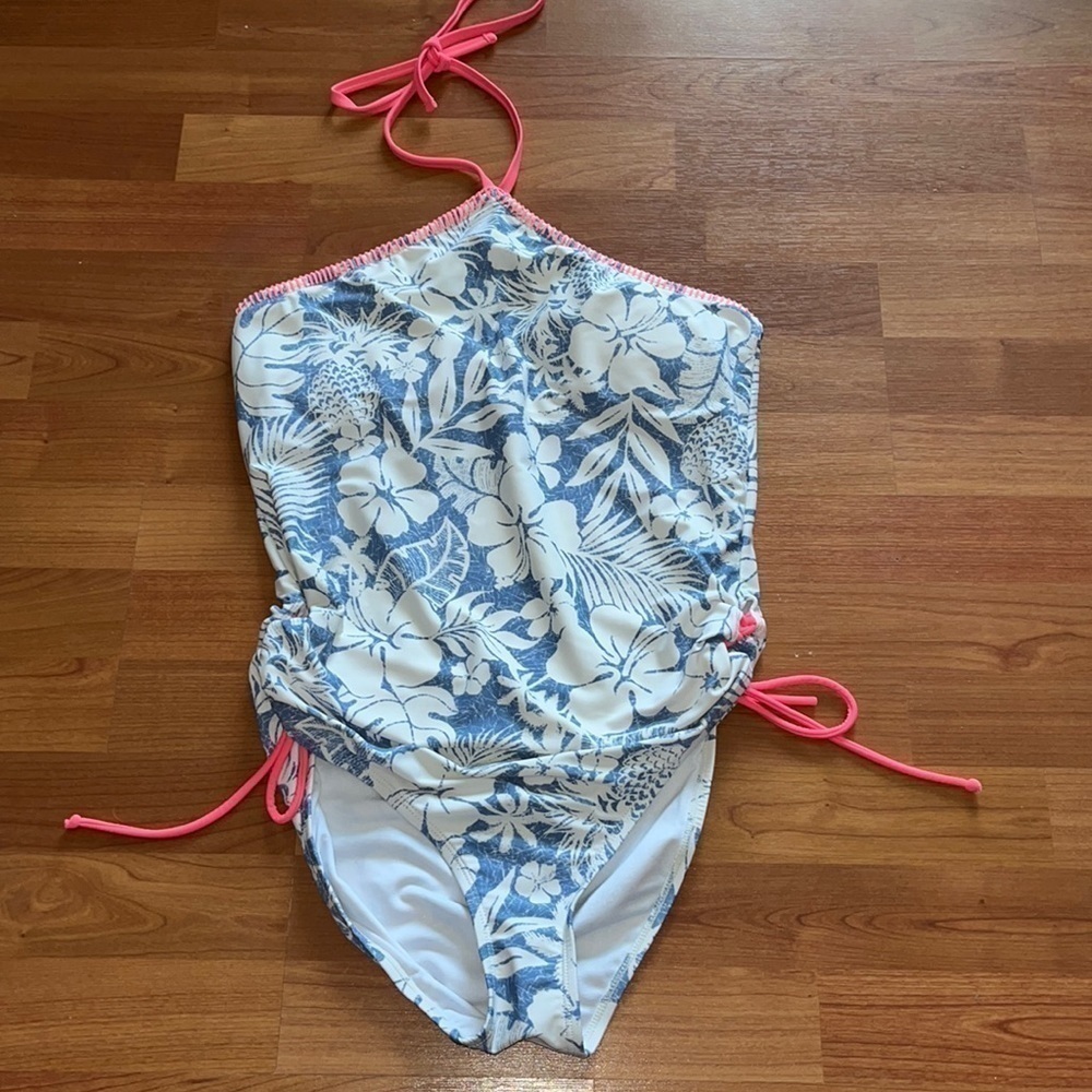 Gossip juniors one piece blue and white tropical print swimsuit with coral trim - Picture 2 of 9